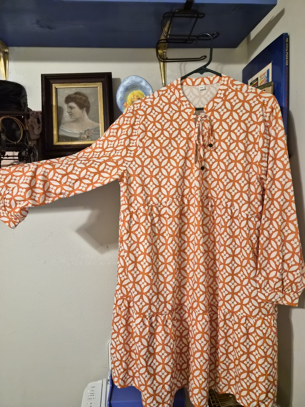 Orange & White Geometric Floral Tiered Shift Dress - Size XXL Long Sleeve Boho